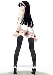 angry ass black_hair blue_eyes blush bondage cameltoe clenched_teeth clothing cuffs dress female female_only from_behind from_below high_heels highres kumashiro_maya long_hair looking_back murakami_suigun occult_academy panties partially_visible_vulva seikimatsu_occult_gakuin solo spreader_bar sweat thighhighs underwear