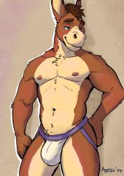 aaron_pictus anthro anthro_only areola asinus bedroom_eyes big_bulge biped brown_body brown_fur brown_hair bulge casual_clothing clothed clothing donkey equid equine eyebrows fur hair hi_res jockstrap jockstrap_only male male_anthro mammal muscular muscular_anthro muscular_male narrowed_eyes navel nipples pecs pinup pose seductive smile solo tan_body tan_fur teal_eyes topless topless_anthro topless_male underwear underwear_only