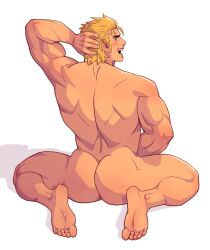 1boy art_of_fighting ass ass_focus bara barefoot blonde_hair blue_eyes daddy feet gay hand_on_head king_of_fighters light_skin looking_back male male_only muscle muscular muscular_back muscular_male risknation_art ryo_sakazaki short_hair simple_background snk solo solo_male thick_thighs video_games white_background