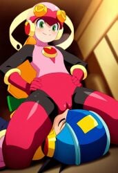 1boy 1girls ai_generated bodysuit capcom cunnilingus_through_clothes facesitting gloves green_eyes helmet leotard mega_man mega_man_battle_network megaman.exe pussy roll.exe thick_thighs thighhighs thighs