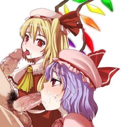 blonde_hair blush censored cfnm clothed_female_nude_male clothed_sex cum cum_in_hair cum_in_mouth cum_on_hair doru_riheko facial fellatio flandre_scarlet group_sex licking mosaic mosaic_censoring multiple_girls oral penis pubic_hair purple_hair red_eyes remilia_scarlet short_hair siblings sisters touhou wings