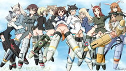 6+girls animal_ear ass blush bottomless censored charlotte_e_yeager clothing eila_ilmatar_juutilainen erica_hartmann everyone eye_patch ez-nerg female female_only francesca_lucchini gertrud_barkhorn glasses highres large_breasts lynette_bishop medium_breasts minna-dietlinde_wilcke miyafuji_yoshika multiple_girls no_panties nude perrine_h_clostermann pussy sakamoto_mio sanya_v_litvyak small_breasts strike_witches striker_unit striker_units tail undressing