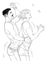 2boys anders_(dragon_age) ass_cleavage bara beard_stubble beauty_mark biceps bisexual_male black_and_white bracelet closed_eyes clothed clothed_male clothing colorless curvy curvy_body dancing dark_hair dorian_pavus dragon_age dragon_age_2 dragon_age_inquisition duo ear_piercing earrings facial_hair frottage frottage_through_clothing gay gay_male holding_partner human jewelry light_hair long_hair mage male male/male male_only mole monochrome moustache muscles muscular muscular_male musical_note piercing ponytail sdkay smile smiling standing standing_position stubble tight_clothing tight_pants video_games yaoi