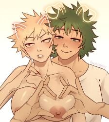 1boy 1girls bakugou_katsuki blonde_hair blush crossgender female female_bakugou genderswap green_hair_male heart_nipples heart_symbol humispicy izuku_midoriya katsuki_bakugou lipstick midoriya_izuku my_hero_academia nails rule_63 soft_breasts