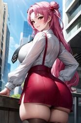 ai_generated bare_legs big_breasts curvaceous curvy_female fat_ass gigantic_ass hair_bun huge_breasts huge_thighs large_breasts lastone light-skinned_female light_skin long_hair looking_back massive_ass pink_eyes pink_hair seikon_no_qwaser solo_female thick_body thick_female thick_thighs thighhighs thighs tsujidou_miyuri voluptuous voluptuous_female