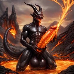 1boy 2d agshin_akyarlar ai_generated anthro anthro_male anthro_only black_body black_sclera black_skin cum cumshot demon demon_boy demon_horns eyeless fire fire_cum fire_penis furry hi_res highres horns huge_balls huge_cock humanoid humanoid_penis hyper_penis lava lava_cum lava_humanoid lava_penis long_ears male male_focus male_only masturbation monster monster_boy muscular muscular_male no_nipples oc orange_cum original_character scalie sharp_teeth solo solo_focus tail teeth tongue tongue_out ugly volcano