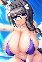 1girls ai_generated animal_ears bikini bikini_bottom bikini_top black_hair blue_eyes braid braided_hair breasts female hair_ornament hanasaki_jushiki horse_girl huge_breasts large_breasts single_braid solo swimsuit swimwear umamusume umamusume_pretty_derby zenno_rob_roy_(umamusume)