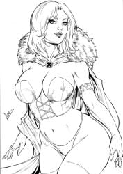 black_and_white breasts cleavage corset curvy curvy_female curvy_figure ed_benes_studio emma_frost female hellfire_club large_breasts leo_(artist) marvel marvel_comics micro_panties panties traditional_art traditional_media_(artwork) white_queen x-men