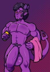 1boy 1male abstract_background body_hair dean_{draconicprince} demon demon_boy draconicprince_(artist) energy_drink facial_hair half_demon huge_balls huge_cock hyper_cock hyper_genitalia imp incubus male male_only pubes small_but_hung solo tiefling towel twunk unamused