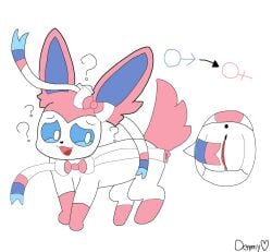 anthro blue_flur demmy eeveelution female fur gender_symbol generation_6_pokemon genitals hi_res male_symbol nintendo pink_body pink_fur pokemon pokemon_(species) pussy rule_63 solo sylveon symbol transformation