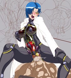 1girls blue_hair blush bodysuit censored cum cyborg damu_otoko dildo double_dildo female gloves hair_over_one_eyes himoo_yuina internal_organs labcoat licking_lips long_hair male naughty_face purple_lips pussy robot sex sweat tokimeki_memorial tokimeki_memorial_1 tongue vaginal_penetration what yellow_eyes