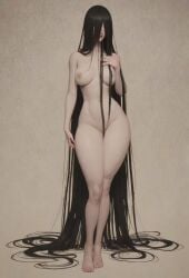 1girls ai ai_generated black_hair breasts ghost ghost_girl hair_over_eyes long_hair naked naked_female nipples nude nude_female one_color_background standing standing_female the_ring yamamura_sadako