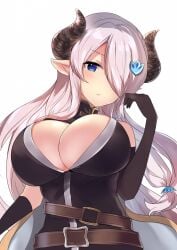 absurdres bare_shoulders belt belt_buckle black_dress black_gloves blue_eyes blush breasts brown_belt buckle cleavage closed_mouth commentary_request curled_horns draph dress elbow_gloves female gloves granblue_fantasy hair_ornament hair_over_one_eye hand_up highres horns large_breasts long_hair looking_at_viewer narmaya_(granblue_fantasy) natsu_(sinker8c) pointy_ears silver_hair simple_background solo very_long_hair white_background