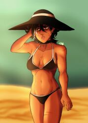 beach bikini bikini_bottom bikini_top black_bikini black_hair brown_skin brown_skinned_female choker chromexorannex earrings lvia_(oc) mole moles oc original_character ourobouro pubic_hair scar scarred_body scars small_breasts stomach summer sun_hat swimsuit tummy two_piece_swimsuit