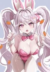 1girls alice_(nikke) alice_(wonderland_bunny)_(nikke) bent_over breasts bunny_ears bunnysuit cleavage female female_only fully_clothed goddess_of_victory:_nikke open_mouth pink_eyes revealing_clothes simple_background thick_thighs twintails white_hair wide_hips