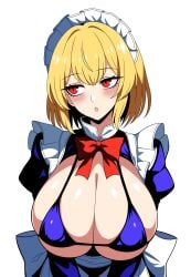 1girls 2d big_breasts blonde_hair blush bowtie bra breasts breasts_bigger_than_head cleavage female hands_together huge_breasts large_breasts looking_away maid maid_headdress maid_uniform mugetsu mugetsu_(touhou) nipple_bulge open_clothes open_mouth open_shirt red_eyes short_hair shy solo source ssaf ssaf52913778 ssaf_seibeupail standing touhou touhou_(pc-98) white_background