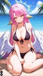 ai_generated bikini cleavage covered_nipples gumi_arts halo jibril_(no_game_no_life) looking_at_viewer medium_breasts navel no_game_no_life outdoors sitting smile stable_diffusion thick_thighs wings