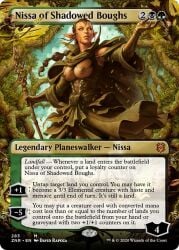 armor big_breasts breasts brown_hair card card_(medium) casual clothing edit elf face_markings fantasy female forest green_eyes humanoid large_breasts magic magic_card magic_the_gathering nipples nissa_revane no_pupils pale_skin planeswalker pointy_ears trading_card