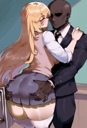 1boy 1girls ai_generated ass_grab big_ass blonde_hair classroom dark-skinned_male hug huge_ass interracial looking_at_viewer school_uniform shokuhou_misaki suit thiccwithaq_(ai_style) to_aru_kagaku_no_railgun to_aru_majutsu_no_index tokiwadai_school_uniform