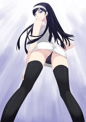 black_hair blue_eyes blush cameltoe clothing dress female from_behind from_below hairband highres kumashiro_maya long_hair looking_back murakami_suigun occult_academy panties seikimatsu_occult_gakuin smile solo thighhighs thong underwear upskirt