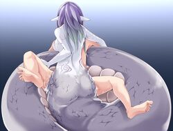 1girls ambiguous_gender ass back barefoot blue_background blue_skin breasts cum feet femdom frfr from_behind green_hair human implied_sex interspecies lamia large_ass large_breasts long_hair monster_girl naga nude pointy_ears purple_hair purple_skin sideboob size_difference snake soles spread_legs sweat tail tattoo toes topless trapped