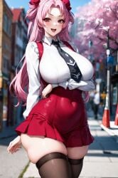 ai_generated bare_legs big_breasts curvaceous curvy_female gigantic_breasts hair_bun huge_breasts huge_thighs large_breasts lastone light-skinned_female light_skin long_hair looking_at_viewer pink_eyes pink_hair seikon_no_qwaser smiling solo_female thick_body thick_female thick_thighs thighhighs thighs thighs_bigger_than_head tsujidou_miyuri voluptuous voluptuous_female