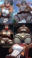 1girls 2d 5koma abs ai_generated artist_request astronomical_hyper attack_on_titan big_ass big_breasts black_hair blue_sky cameltoe city cityscape clouds comic earth english_text extreme_size_difference giantess giantess_growth growing growth growth_sequence holding karnamas mikasa_ackerman miniboy muscular nai_diffusion nipples_visible_through_clothing paradis_military_uniform photoshop self_upload shingeki_no_kyojin size_difference solo space sweat tagme text three-dimensional_maneuver_gear tongue tongue_out