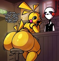 animatronic ass avian bar big_butt bird black_eyebrows black_sclera blonde_hair blush blush_stickers breasts chicken duo english_text eyebrows female five_nights_at_freddy&#039;s five_nights_at_freddy&#039;s_2 furniture galliform gallus_(genus) glowing glowing_eyes hair hi_res huge_butt lips lipstick machine makeup male marionette_(fnaf) motion_lines nanodude78 narrowed_eyes nude phasianid pink_blush puppet_(fnaf) rear_view red_blush red_lips robot sharp_teeth sitting stool tail teeth text toy_chica_(fnaf) white_body white_eyes yellow_body yellow_tail