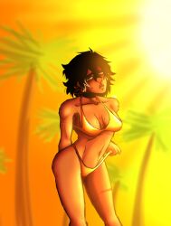 bikini bikini_bottom bikini_bottom_pull bikini_top black_hair brown_skin brown_skinned_female choker chromexorannex embarrassed female female_focus female_only golden_bikini golden_week lvia_(oc) mole oc original_character ourobouro pulling_clothing scar scarred_body scars shy tugging_clothing