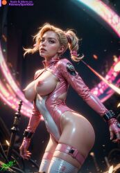 ai_generated big_ass big_breasts blue_eyes boobs_out jacket latex neon_lights pink_accessory plump ponytail sexy_pose skin_tight spark_star thick_thighs thigh_squish thighband