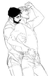 2boys anders_(dragon_age) bara beard beard_stubble biceps birthmark bisexual_male black_and_white black_hair closed_eyes clothed clothed_male clothing colorless dancing dark_hair dragon_age dragon_age_2 duo facial_hair frottage frottage_through_clothing gay hawke human kissing kissing_neck light_hair long_hair mage male male/male male_only monochrome muscular muscular_male pecs ponytail sdkay smile smiling smooth_armpits standing standing_position stubble tight_clothing tight_pants video_games yaoi