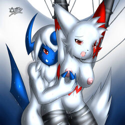 2009 absol bandaged_leg breasts collar furry furry_only gradient_background grin leash mn_xenx nintendo nipple_play pok&eacute;mon_(species) pokemon pokemon_(species) pokemon_rse red_eyes smooth_skin tied_up zangoose