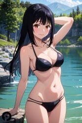 ai_generated arm_behind_head arm_up armpits bangs bare_arms bare_shoulders bikini black_bikini black_hair blue_sky blurry blush breasts brown_eyes cleavage closed_mouth cloud collarbone cowboy_shot day female halterneck jabami_yumeko kakegurui lips long_hair looking_at_viewer medium_breasts navel outdoors pikkiwynn rock skindentation sky smile solo standing stomach string_bikini swimsuit thighs tree water