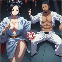 1boy 1girls abs ai_generated asian_female battle big_breasts black_male fight inminent_sex interracial japanese_female karate_gi kunoichi tournament