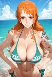 1girls after ai ai_generated at beach big_ass bikini braid breast breasts bust cleavage cum female female_only focus generated grab hairy hand_on_hip in inside large looking mature milf nami nami_(one_piece) one_piece outdoors papukun post-timeskip pussy sex skindentation smile solo viewer