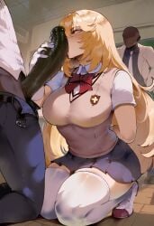 1boy 1girls 2boys ai_generated big_penis blonde_hair classroom dark-skinned_male gloves holding_penis huge_ass huge_breasts huge_cock imminent_oral imminent_sex kneeling legwear licking_penis penis_on_face school_uniform shokuhou_misaki thiccwithaq_(ai_style) thick_thighs to_aru_kagaku_no_railgun to_aru_majutsu_no_index tokiwadai_school_uniform yellow_eyes