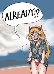 ass beach blonde_hair blue_eyes blush blushing_at_viewer breasts dialogue dialogue_bubble dress dress_lift dress_pull dress_up english english_text green_dress horns illijillijilli long_hair looking_at_viewer panties pink_panties pink_underwear star_butterfly star_vs_the_forces_of_evil surprised surprised_expression surprised_face surprised_look thighs underwear wet wet_body wet_clothes wet_clothing wet_panties wet_skin wet_underwear wide_hips