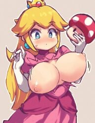 1girls alternate_breast_size areolae big_breasts blonde_female blonde_hair blue_eyes breast_expansion breasts breasts_out crown dress earrings expansion female female_focus female_only huge_breasts large_breasts mario_(series) mushroom nintendo nipples pink_clothing pink_dress princess princess_peach solo solo_female somesome super_mario_bros. tearing_open_top torn_clothes torn_dress wardrobe_malfunction