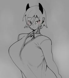 1girls alternate_costume alternate_hairstyle android android_girl big_breasts female female_only greyscale gynoid huge_breasts iria_(minkye) minkye monochrome original_character robot robot_girl smug smug_face voluptuous