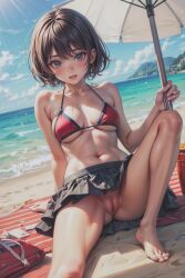 ai_generated beach bikini_top girl pussy redparrot short_hair upskirt