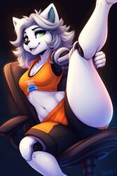 ai_generated anthro ass ass breasts dark_background deltarune diplive7 furry green_eyes leg_up office_chair raised_leg robot robot_girl robotic sports_bra sportswear temmie thighs undertale