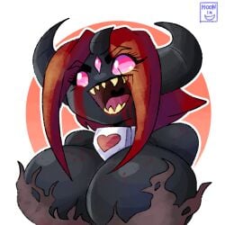 bestia bestia_(tboi) black_body black_skin breasts collar demon demon_girl demon_horns hyper hyper_breasts massive_breasts moonix_xero necklace open_mouth pink_eyes red_hair sharp_teeth smiling the_beast_(the_binding_of_isaac) the_binding_of_isaac