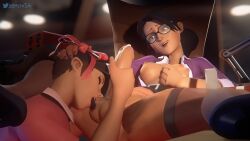 1futa 1girls breast_grab female_on_futa femscout futanari glasses handjob licking_balls looking_pleasured miss_pauling painted_nails penis precum servicing team_fortress_2 zeton54