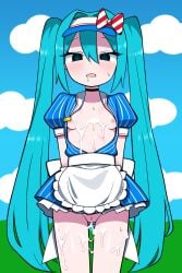 1girls apron blank_eyes blush cum_drip cum_on_body cum_on_breasts drooling exposed_breasts exposed_pussy hatsune_miku hypnosis hypnotized mesmerizer_(vocaloid) mv_character open_mouth partially_clothed small_breasts sweat tagme twintails vocaloid