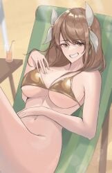 1girls alternate_costume bangs bare_arms bare_midriff bare_thighs beach beach_chair beauty_mark bikini bikini_top bottomless braid breasts brown_hair calmgreentori cleavage drink exhibitionism female female_only fire_emblem fire_emblem_engage glass gold_bikini gold_swimsuit goldmary_(fire_emblem) grin hair_over_shoulder hand_on_chest large_breasts leg_up looking_at_viewer midriff mole mole_on_breast naughty_face navel nintendo outdoors parasol seductive side_ponytail sideboob smile smug solo swimsuit teasing thighs umbrella underboob yellow_bikini yellow_eyes yellow_swimsuit