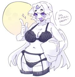 ) big_breasts blue_skin breasts cleavage clothes_down costume_swap dress female female_only fnf fnf_mods fnflune friday_night_funkin looking_at_viewer lune_(friday_night_funkin) lune_(yraisel) moon moonlight night oc posing purple shining_eyes silver_eyes silver_hair skelthors soul_springs text thick_thighs white_body