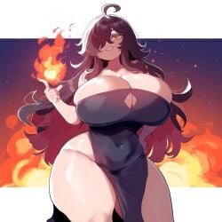 ai_generated amber_eyes ameanon black_dress dark_hair female large_breasts sorceress sorceress_sophia thick_thighs two_tone_hair villainess witch