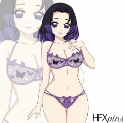 1girls blue_hair bra breasts clothing demon_slayer female female_only hfxpins kimetsu_no_yaiba kochou_shinobu legs_together lingerie matching_underwear panties purple_bra purple_panties short_hair smile solo wide_hips