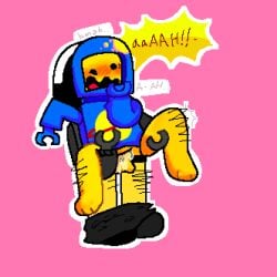 benny_(the_lego_movie) blue_spacesuit blush digital_media_(artwork) good_cop_(the_lego_movie) gripping_thighs hairy_legs hand_on_face pants_down pussy shocked text_bubble the_lego_movie yellow_skin