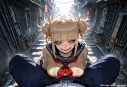 1boy 1girl ai_assisted ai_generated bangs belt blonde_hair blue_skirt blunt_bangs blush boku_no_hero_academia breasts building city cityscape curvaceous curvy curvy_female curvy_figure double_bun eyebrows_visible_through_hair fangs female long_sleeves looking_at_viewer messy_hair miyuai my_hero_academia night open_mouth outdoors pants pov red_neckwear sailor_collar school_uniform sidelocks skirt sky skyscraper smile street teeth thick thick_ass thick_butt thick_hips thick_legs thick_thighs toga_himiko voluptuous voluptuous_female wide_hips wide_thighs yellow_eyes